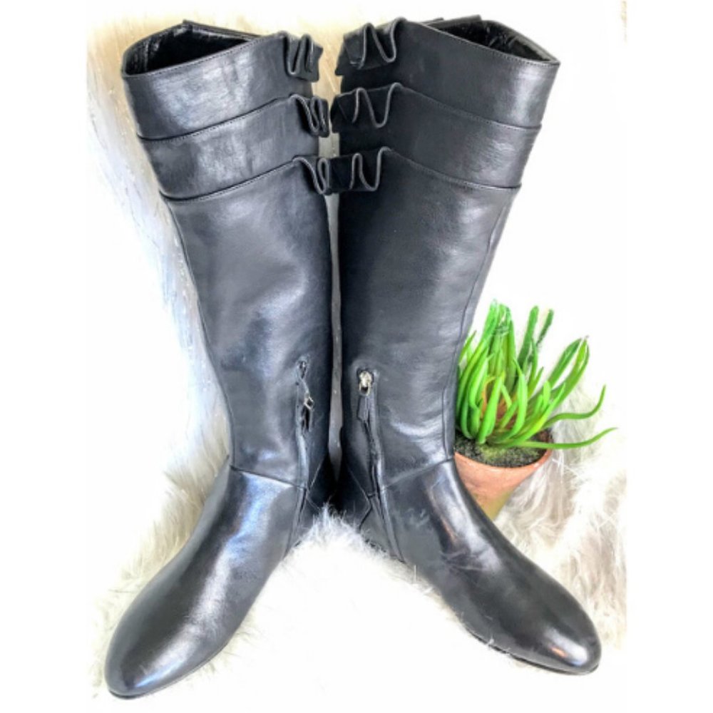 Sarah Flint Black Leather Ruffle Tall Boot Flat 9